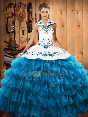 Teal Sleeveless Floor Length Embroidery and Ruffled Layers Lace Up Quinceanera Gowns