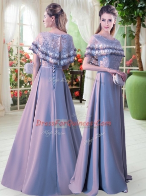 Grey A-line Scoop Short Sleeves Satin Floor Length Lace Up Lace Custom Made