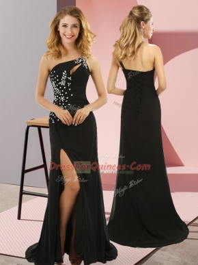Modern Black Prom Evening Gown Elastic Woven Satin Sweep Train Sleeveless Beading
