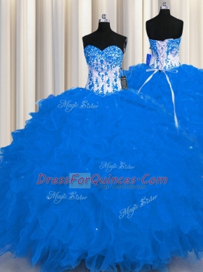 Royal Blue Ball Gowns Appliques and Ruffles Vestidos de Quinceanera Lace Up Organza Sleeveless Floor Length