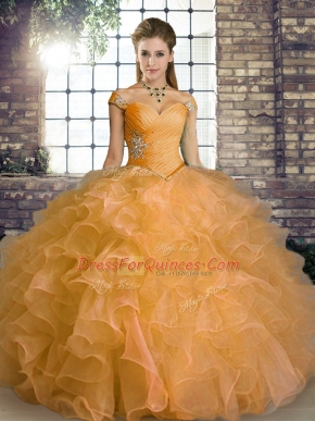 Latest Off The Shoulder Sleeveless Quince Ball Gowns Floor Length Beading and Ruffles Orange Organza