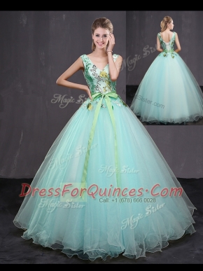 Low Price Appliques and Belt Sweet 16 Quinceanera Dress Aqua Blue Lace Up Sleeveless Floor Length