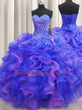 Fancy Multi-color Sweetheart Lace Up Beading and Ruffles Ball Gown Prom Dress Sleeveless