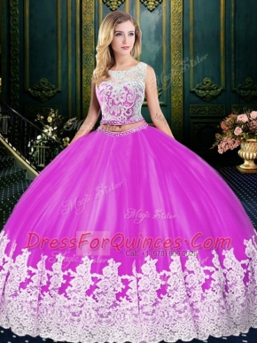 Noble Scoop Fuchsia Two Pieces Lace and Appliques Quinceanera Gown Zipper Tulle Sleeveless Floor Length