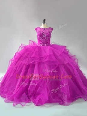 Latest Long Sleeves Brush Train Beading and Ruffles Lace Up Quinceanera Gowns