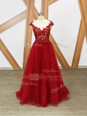 Lovely Red A-line V-neck Sleeveless Tulle Floor Length Criss Cross Lace and Appliques Evening Dress