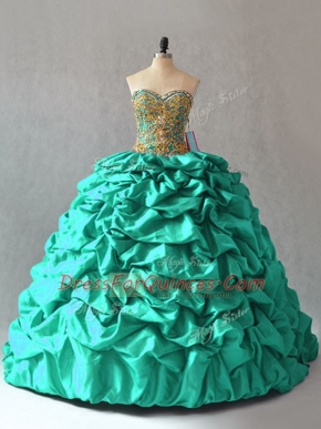 Sweetheart Sleeveless Sweet 16 Dresses Brush Train Beading and Pick Ups Turquoise Taffeta