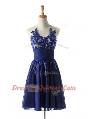 Navy Blue A-line Scoop Sleeveless Chiffon Knee Length Backless Appliques Prom Dresses