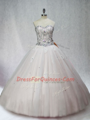 Trendy White Tulle Lace Up Sweetheart Sleeveless Floor Length Vestidos de Quinceanera Beading
