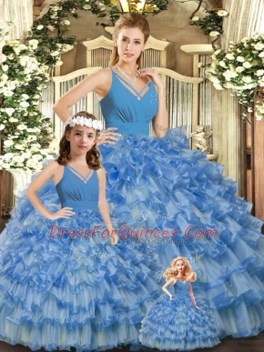 Beautiful Sleeveless Floor Length Ruffled Layers and Ruching Backless Quinceanera Gown with Blue