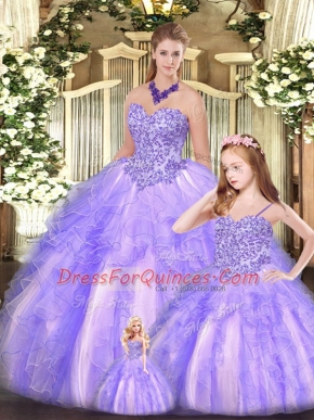 Lavender 15th Birthday Dress Military Ball and Sweet 16 and Quinceanera with Beading and Ruffles Sweetheart Sleeveless Lace Up