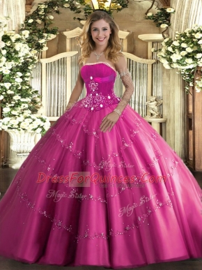 Fabulous Hot Pink Sleeveless Floor Length Beading and Appliques Lace Up Quinceanera Gowns