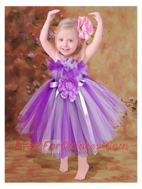 2014 Short Tea-length Hand Made Flowers Little Girl Dress with Straps