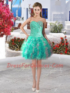 Turquoise Lace Up Evening Dress Beading and Ruffles Sleeveless Mini Length