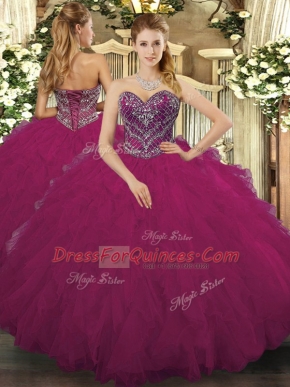 Sweetheart Sleeveless Tulle Sweet 16 Quinceanera Dress Beading and Ruffled Layers Lace Up