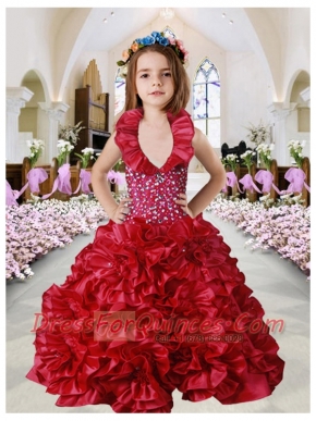 2014 Beautiful Red Ball Gown Halter Beading Little Girl Pageant Dress