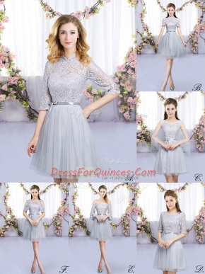 Mini Length Zipper Quinceanera Dama Dress Grey for Wedding Party with Lace and Belt