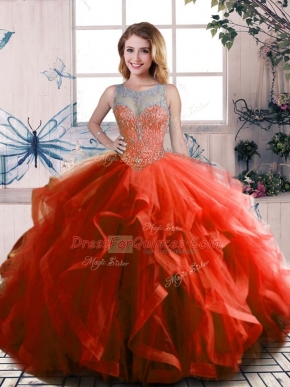 Perfect Rust Red Sleeveless Floor Length Beading and Ruffles Lace Up Quinceanera Dress