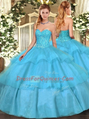 Best Selling Sweetheart Sleeveless Lace Up Quinceanera Gowns Aqua Blue Tulle