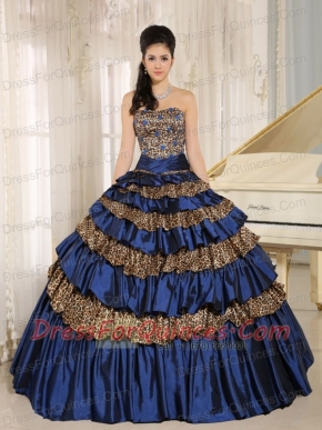 Quinceanera Dress 2013 Navy Blue Leopard Ruffled Layers and Appliques With Beading For Custom Made