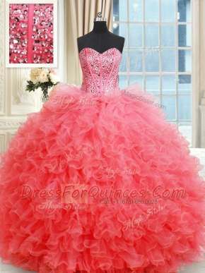 Coral Red Organza Lace Up Sweetheart Sleeveless Floor Length Quinceanera Dresses Beading and Ruffles