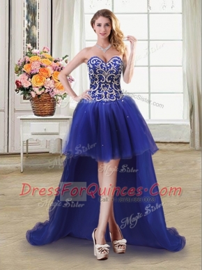Customized High Low Royal Blue Prom Gown Tulle Sleeveless Beading and Sequins