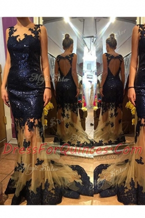 Scalloped Navy Blue Organza and Sequined Backless Prom Evening Gown Sleeveless With Brush Train Sequins