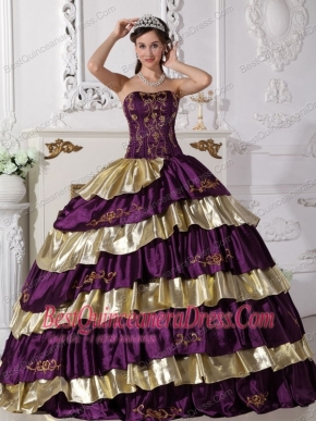 Purple and Gold Taffeta Embroidery Strapless Ball Gown Quinceanera Dress