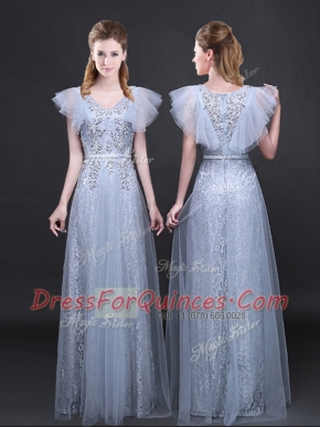 Inexpensive Lace Grey V-neck Zipper Appliques and Belt Prom Dress Short Sleeves