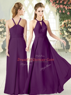 Amazing Floor Length Purple Evening Dress Halter Top Sleeveless Zipper