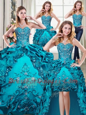 Four Piece Floor Length Lace Up Sweet 16 Dresses Teal for Military Ball and Sweet 16 and Quinceanera with Beading and Embroidery and Pick Ups