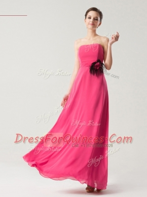Latest Strapless Sleeveless Prom Evening Gown Floor Length Hand Made Flower Hot Pink Chiffon
