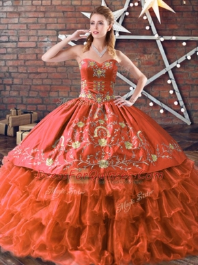 Custom Design Rust Red Satin and Organza Lace Up Ball Gown Prom Dress Sleeveless Floor Length Embroidery and Ruffled Layers