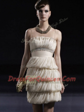 Sophisticated Champagne Column/Sheath Strapless Sleeveless Chiffon Knee Length Side Zipper Beading and Ruching