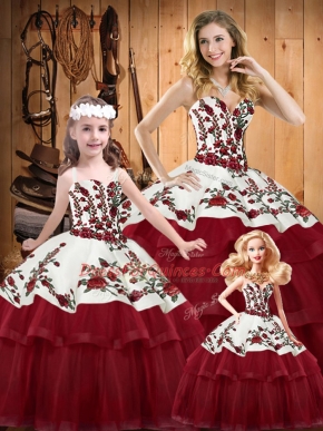 Wine Red Sleeveless Brush Train Embroidery and Ruffled Layers 15 Quinceanera Dress