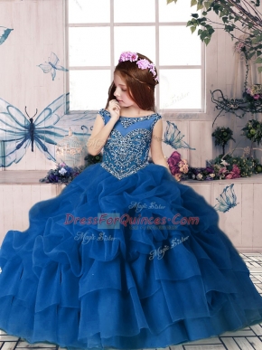 Attractive Floor Length Blue Pageant Gowns For Girls Organza Sleeveless Beading and Pick Ups