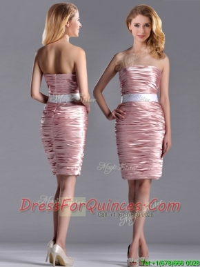 Lovely Column Peach Prom Dress with Ruching and White Belt