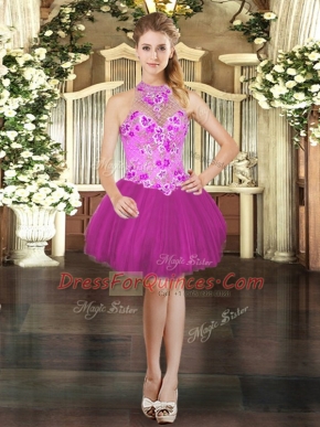 Trendy Sleeveless Mini Length Embroidery Lace Up Teens Party Dress with Fuchsia