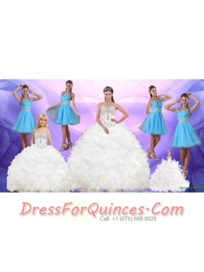 Ruffles and Beading White Quinceanera Dress and Baby Blue V Neck Dama Dresses and White Pageant Dresses for Little Girls