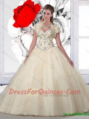 Beautiful Sweetheart Beaded Champagne Quinceanera Dresses with Appliques for 2016