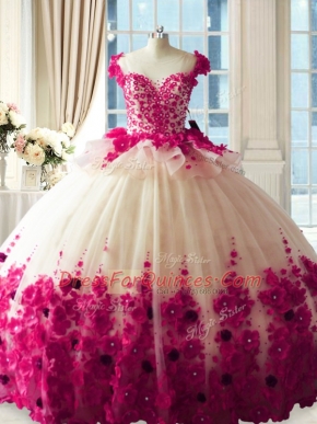 Most Popular Fuchsia Tulle Zipper Quinceanera Dress Sleeveless Brush Train Hand Made Flower