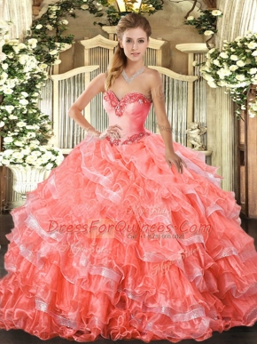 Superior Sleeveless Lace Up Floor Length Beading and Ruffled Layers 15th Birthday Dress