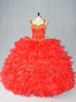 Admirable Red Ball Gowns Beading and Ruffles Vestidos de Quinceanera Lace Up Organza Sleeveless Floor Length