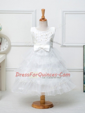 High Quality White Ball Gowns Scoop Sleeveless Organza Tea Length Zipper Ruffled Layers and Bowknot Flower Girl Dress