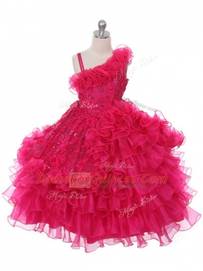 Hot Pink Asymmetric Neckline Lace and Ruffles and Ruffled Layers Kids Formal Wear Sleeveless Lace Up