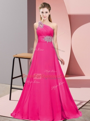 Customized Hot Pink Sleeveless Floor Length Beading Lace Up Prom Party Dress
