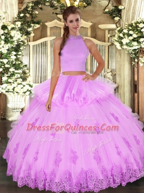 Lilac Sleeveless Floor Length Beading and Appliques and Ruffles Backless 15th Birthday Dress