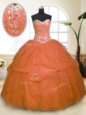 Glamorous Orange Quinceanera Gown Military Ball and Sweet 16 and Quinceanera and For with Sequins and Pick Ups Sweetheart Sleeveless Zipper