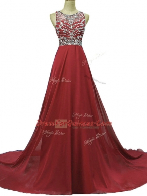 Cheap Burgundy Chiffon Backless Scoop Sleeveless Prom Evening Gown Brush Train Beading