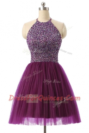 Halter Top Purple Sleeveless Knee Length Sequins Zipper Prom Dresses